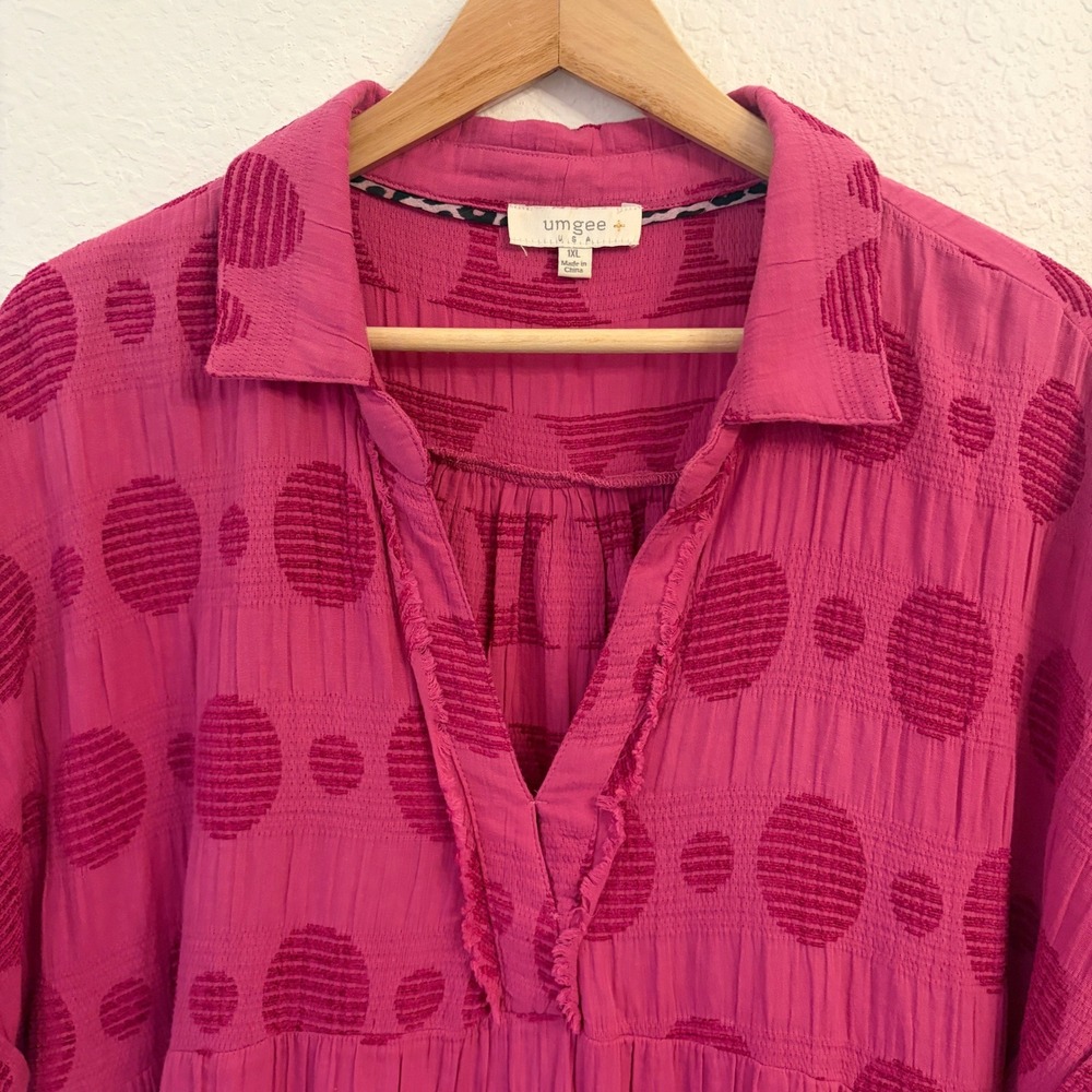 Umgee Tiered Babydoll Dress 1XL Mini Textured Polka Dot Dolman Boho Magenta Pink - Picture 3 of 10